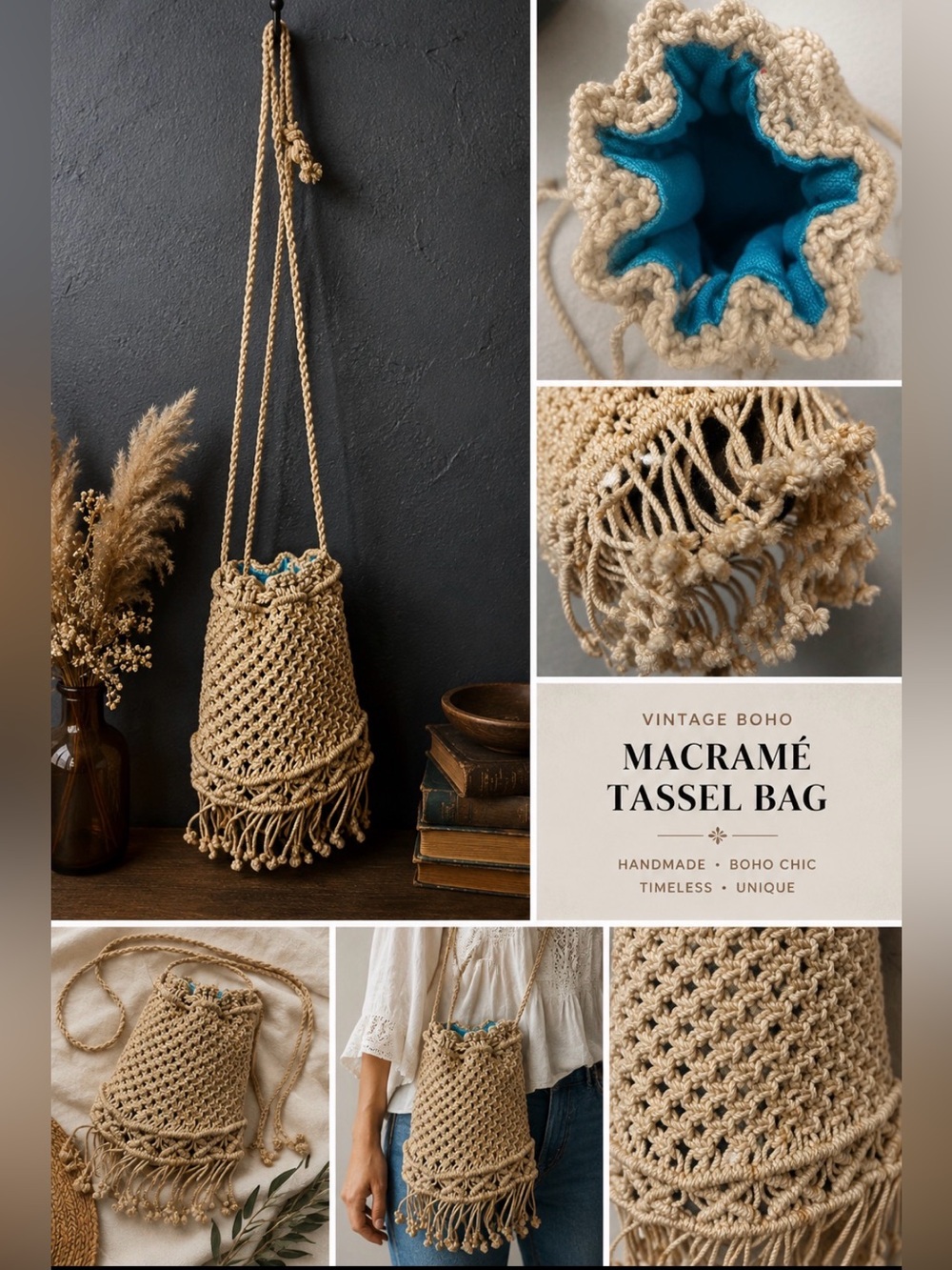 Vintage 70s -Handmade Macramé Fringe Crossbody Bag in Cream, aqua lining